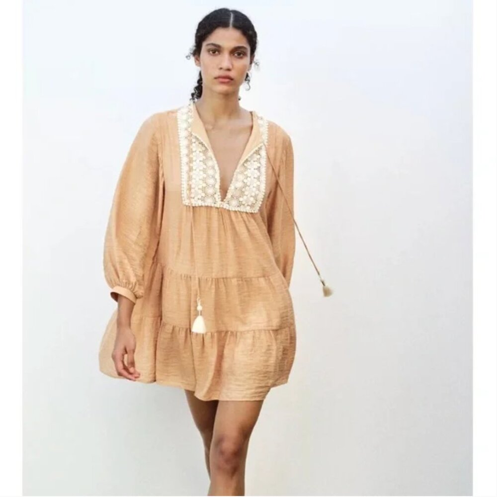 Zara Mini Bib Embroidered Dress NWT